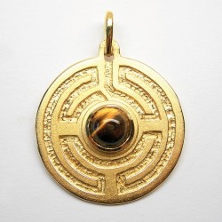 Rosengarten-Amulett, groß - Silber (gelb-vergoldet) - Tigerauge Cabochon